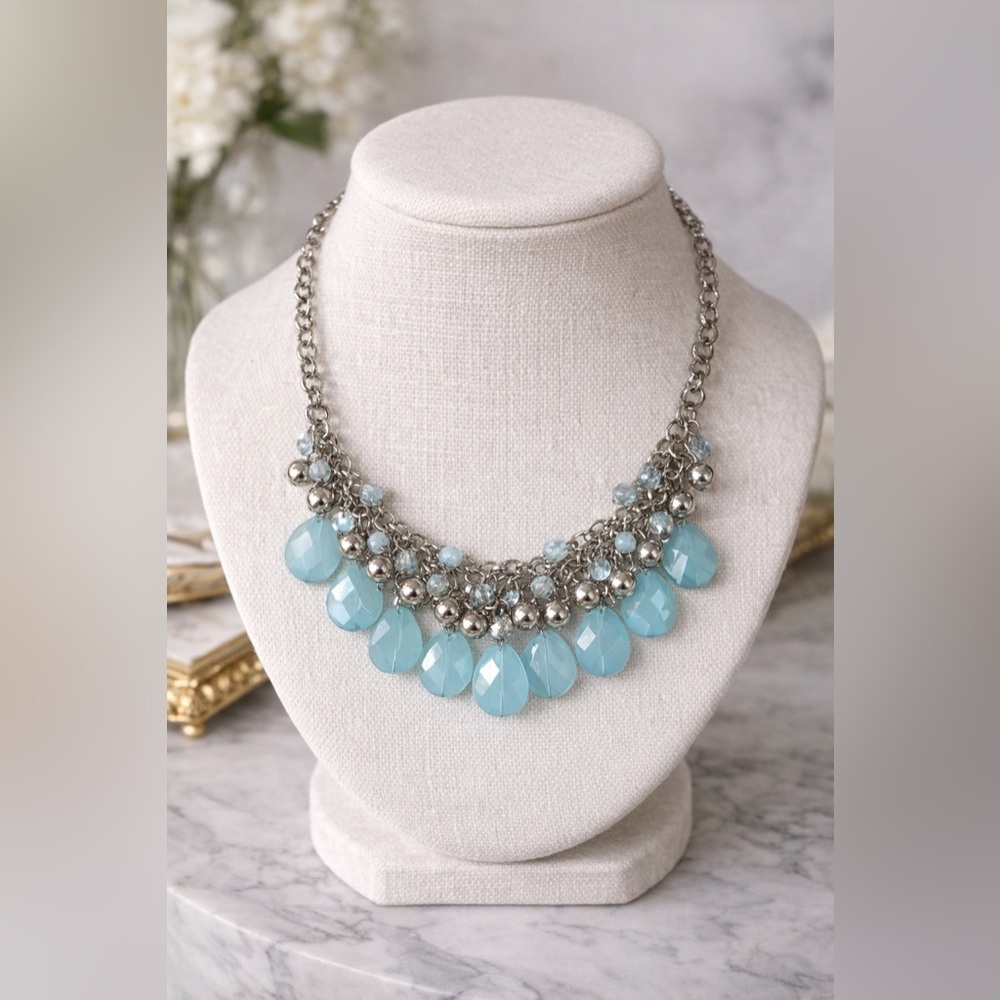 Light Blue Teardrop Statement Necklace Silver Tone Crystal Beaded Jewelry